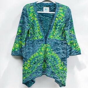 Free People Y2K Neon‎ Green Blue Bell Sleeve Ribbon Detail Boho Top Size Medium